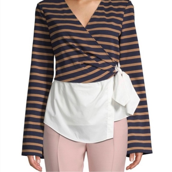 Like New! DEREK LAM 10 CROSBY Sz 4 Combo Stripe & Poplin Wrap Blouse in Midnight - Picture 5 of 8